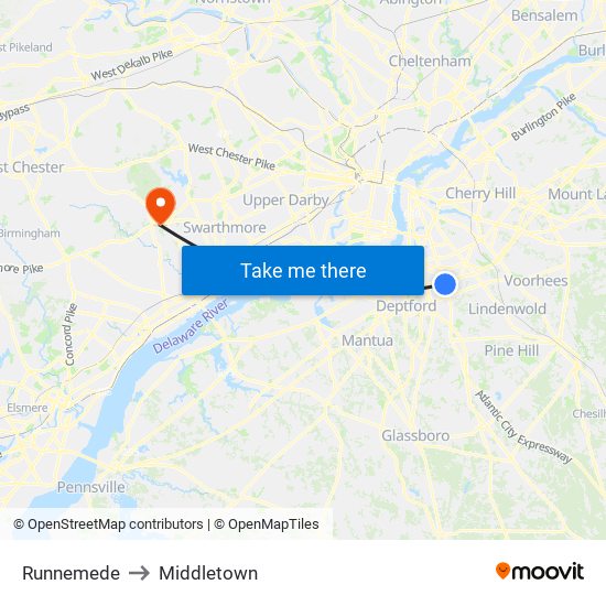 Runnemede to Middletown map