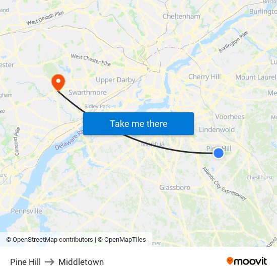 Pine Hill to Middletown map