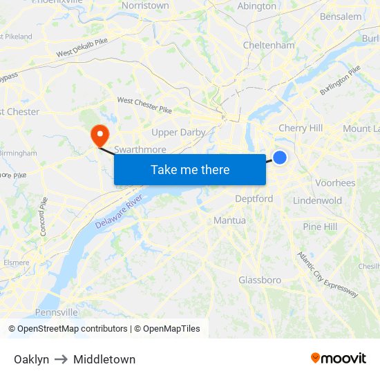 Oaklyn to Middletown map