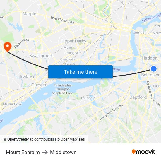 Mount Ephraim to Middletown map