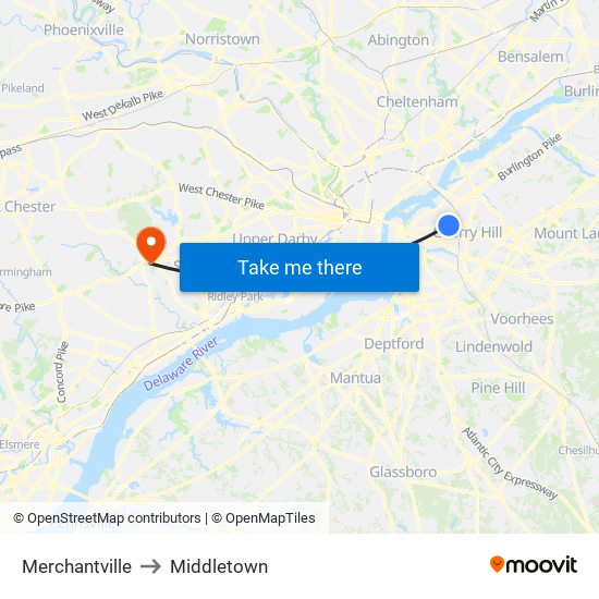 Merchantville to Middletown map