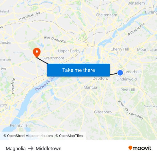 Magnolia to Middletown map