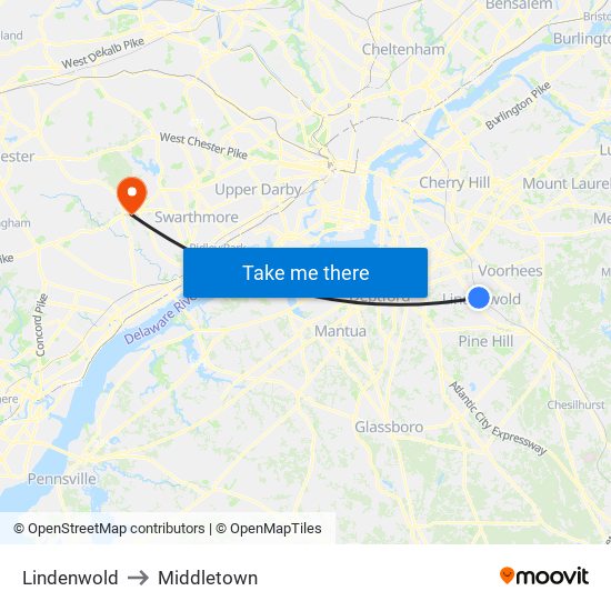 Lindenwold to Middletown map