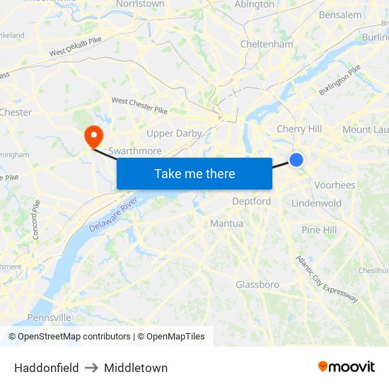 Haddonfield to Middletown map