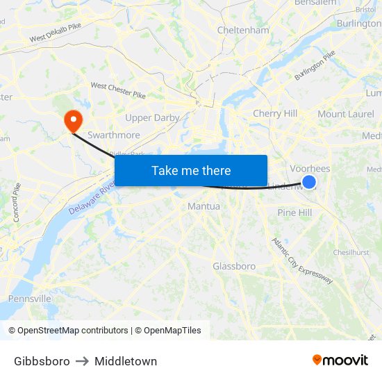 Gibbsboro to Middletown map