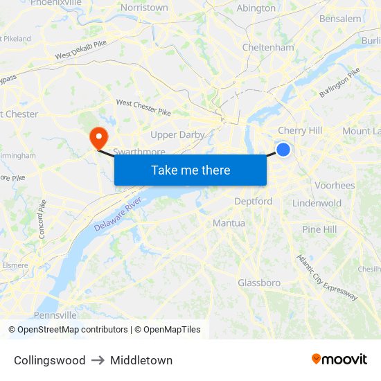 Collingswood to Middletown map