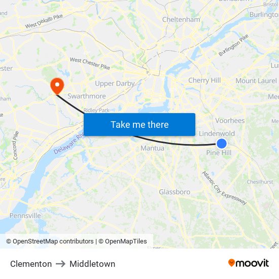 Clementon to Middletown map