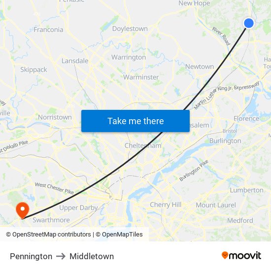 Pennington to Middletown map