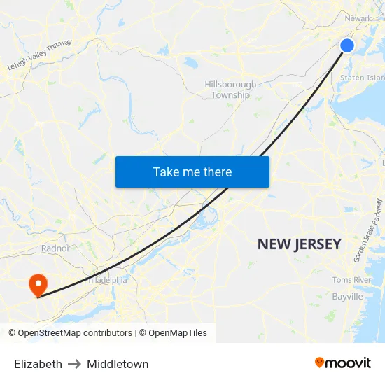 Elizabeth to Middletown map