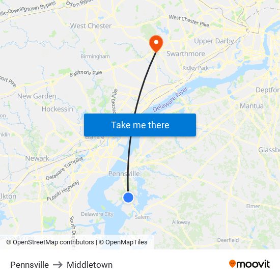 Pennsville to Middletown map