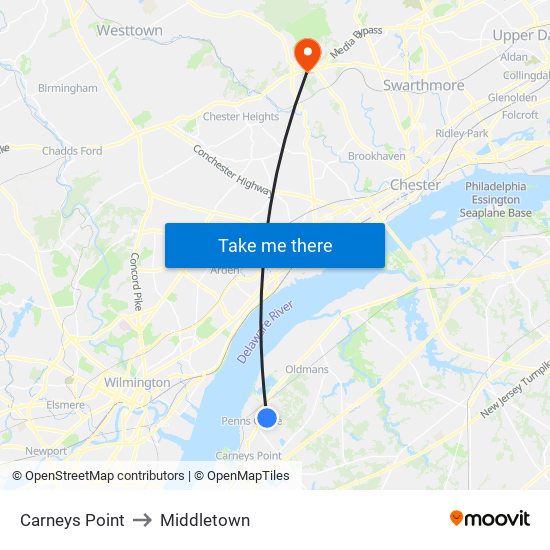 Carneys Point to Middletown map