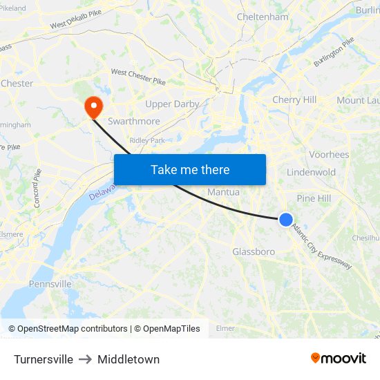 Turnersville to Middletown map