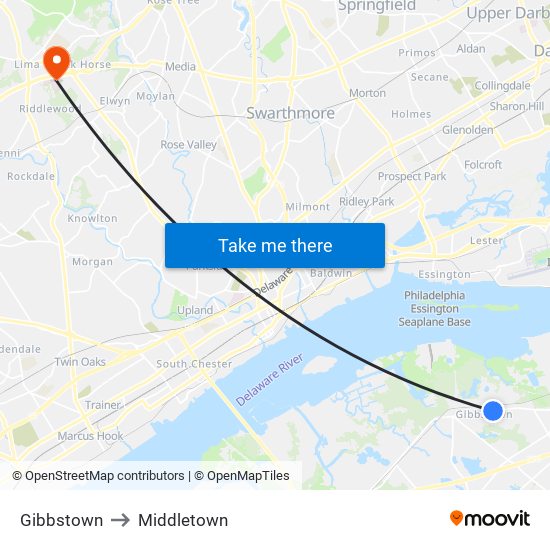 Gibbstown to Middletown map