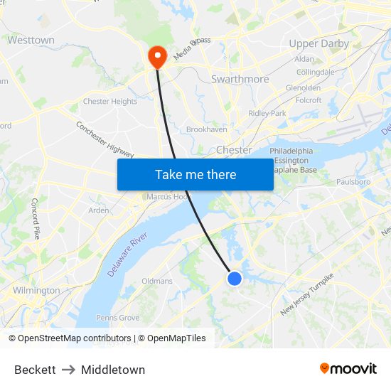 Beckett to Middletown map