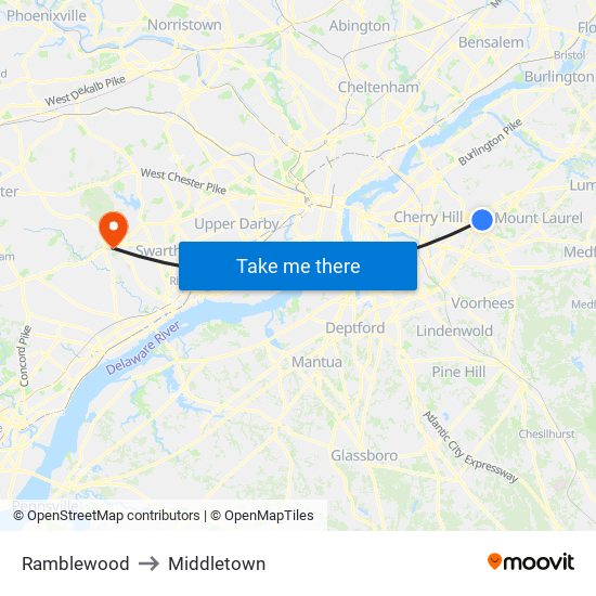 Ramblewood to Middletown map