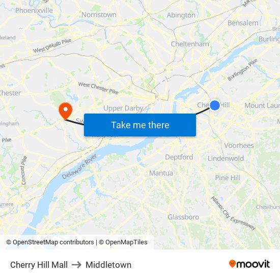 Cherry Hill Mall to Middletown map