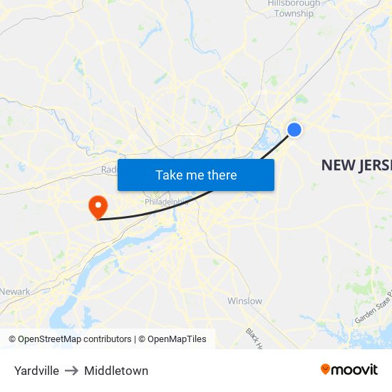Yardville to Middletown map