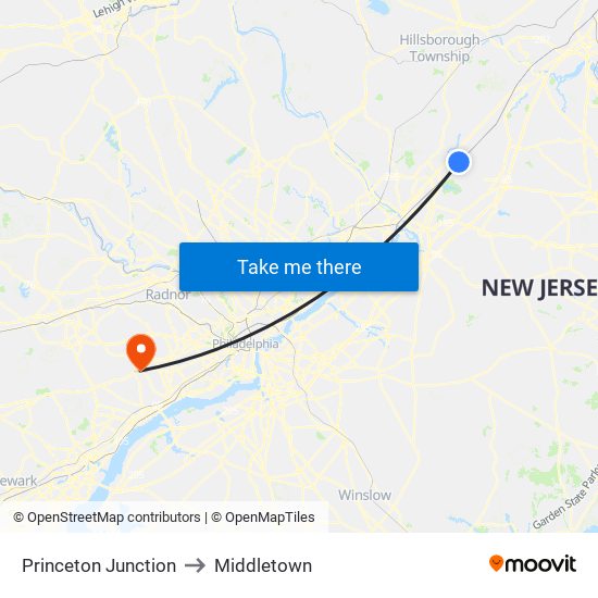 Princeton Junction to Middletown map