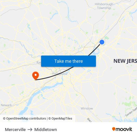 Mercerville to Middletown map