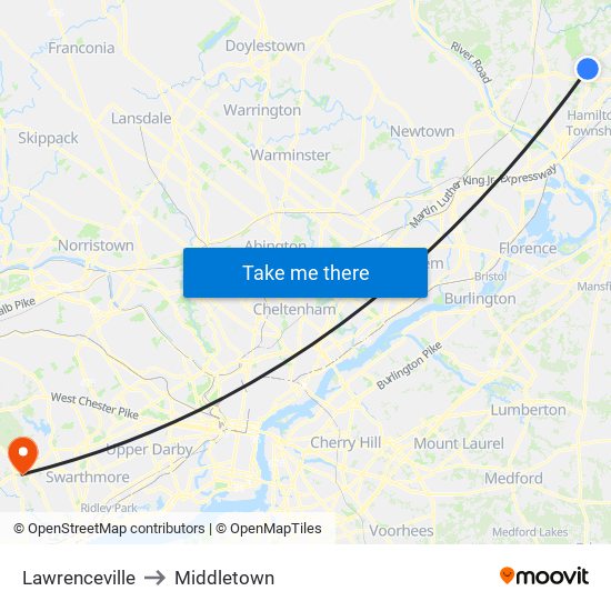 Lawrenceville to Middletown map