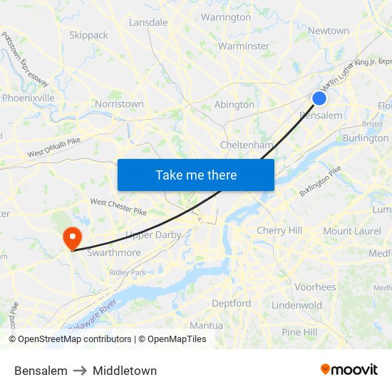 Bensalem to Middletown map