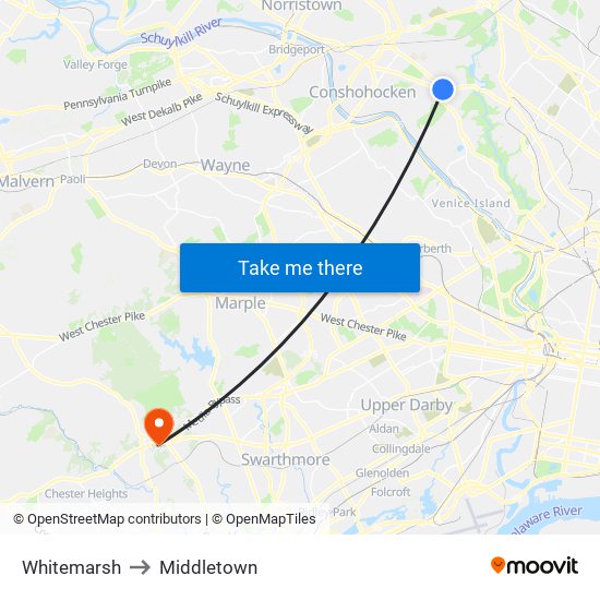 Whitemarsh to Middletown map