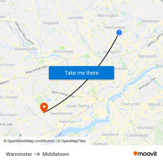 Warminster to Middletown map