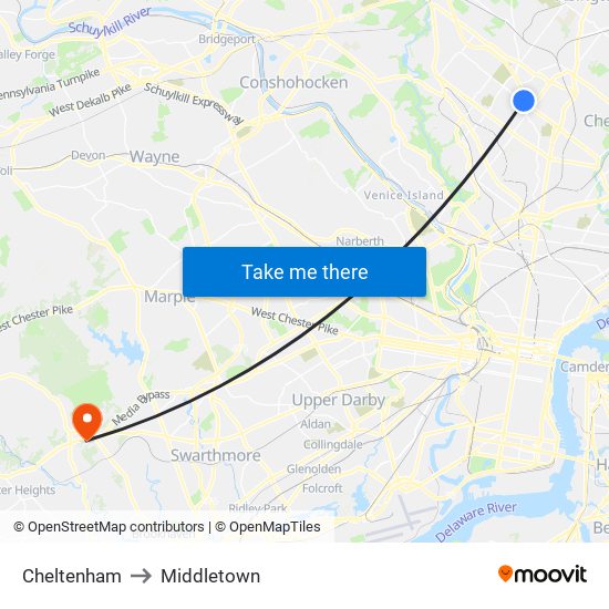 Cheltenham to Middletown map