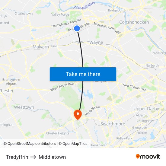 Tredyffrin to Middletown map