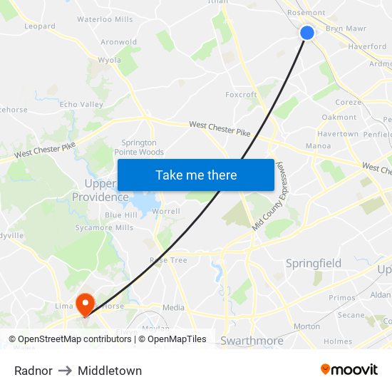 Radnor to Middletown map