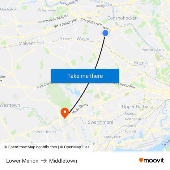 Lower Merion to Middletown map