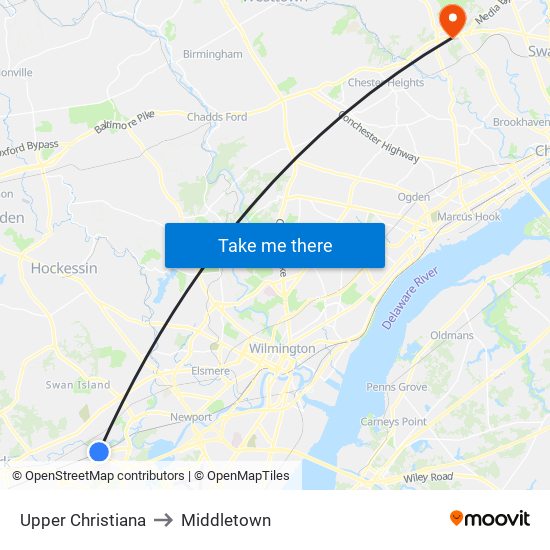 Upper Christiana to Middletown map
