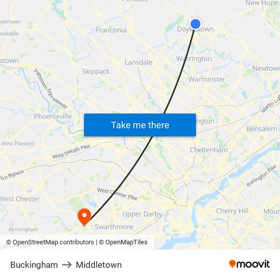 Buckingham to Middletown map