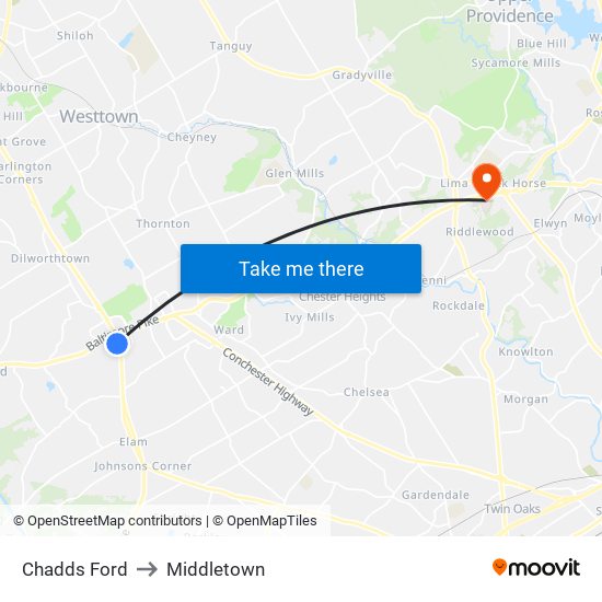 Chadds Ford to Middletown map