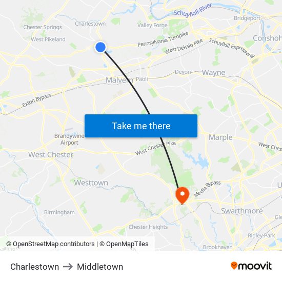 Charlestown to Middletown map