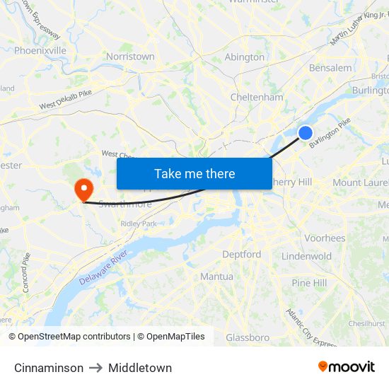Cinnaminson to Middletown map