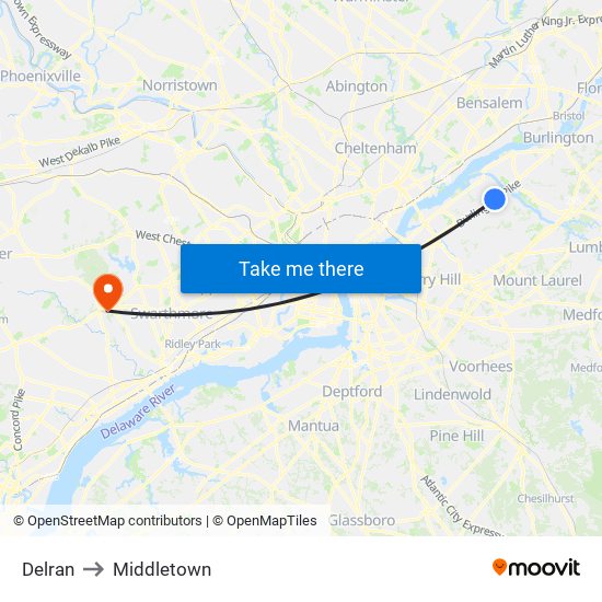Delran to Middletown map
