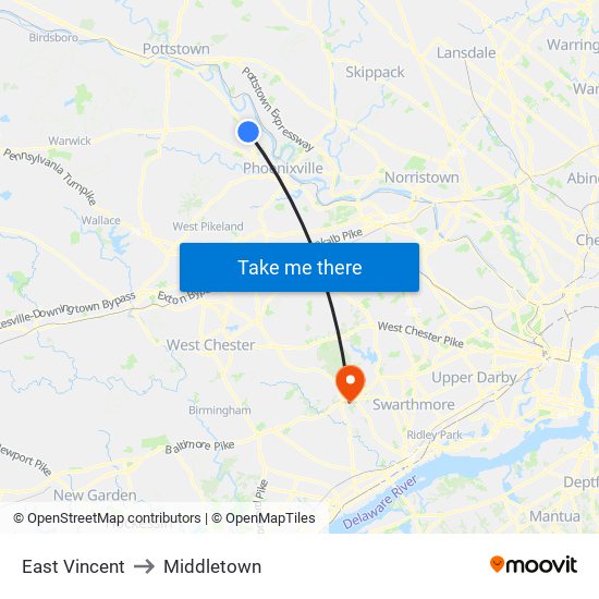 East Vincent to Middletown map