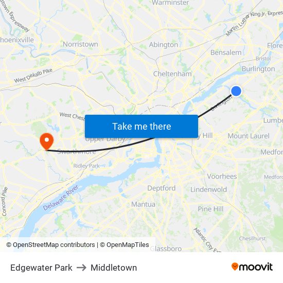 Edgewater Park to Middletown map