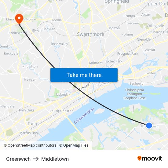 Greenwich to Middletown map