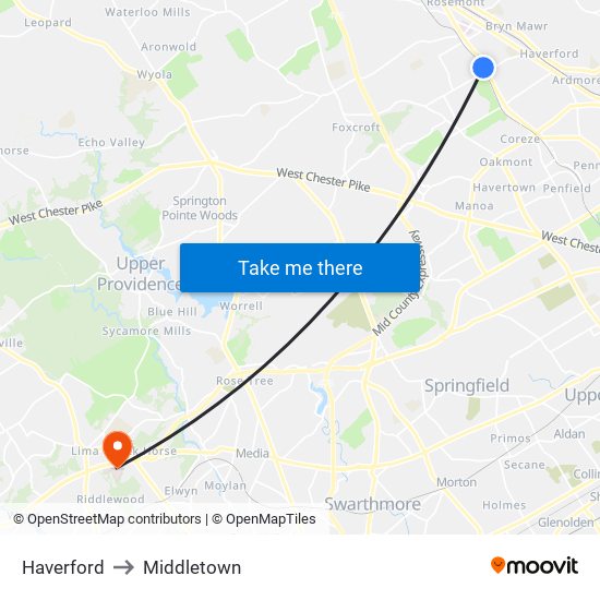 Haverford to Middletown map
