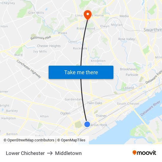 Lower Chichester to Middletown map