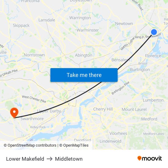 Lower Makefield to Middletown map