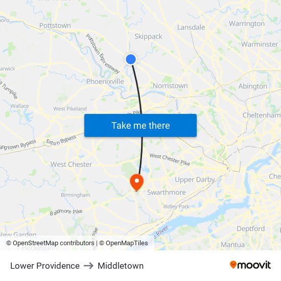 Lower Providence to Middletown map