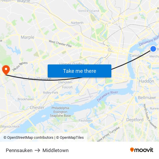 Pennsauken to Middletown map