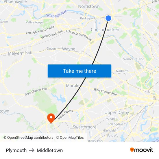 Plymouth to Middletown map