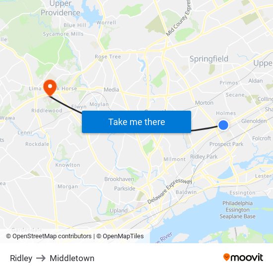 Ridley to Middletown map