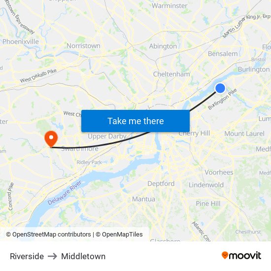 Riverside to Middletown map