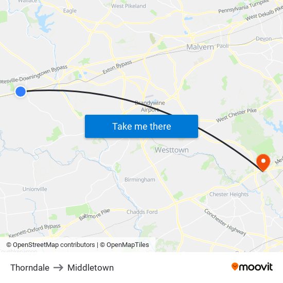 Thorndale to Middletown map