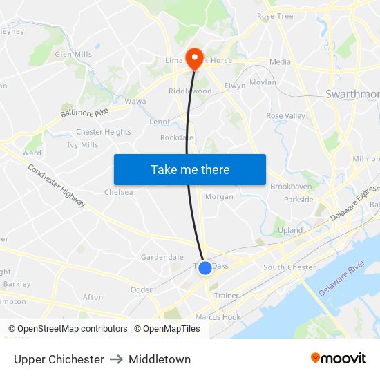 Upper Chichester to Middletown map